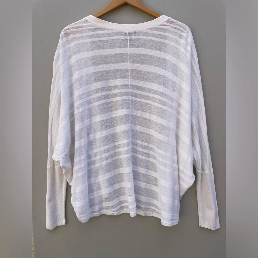 Trouve White Linen Blend Simi Sheer Striped Dolman Sleeve Open Cardigan Sz XS